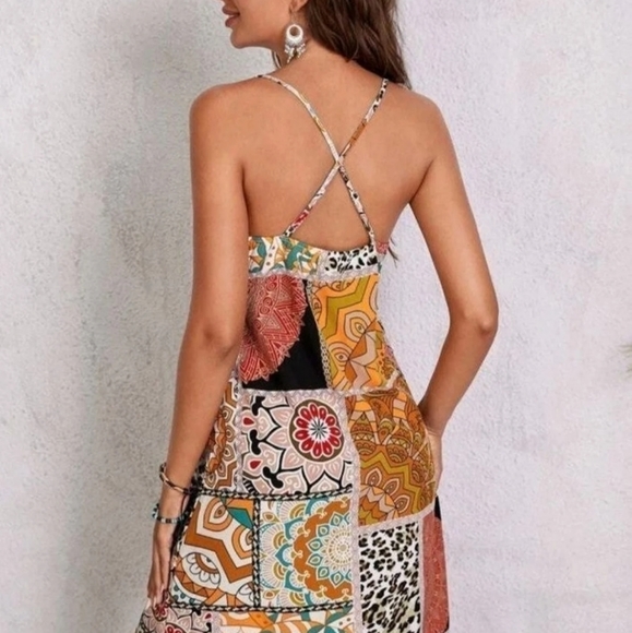 Women's boho Patchwork silky dress - Picture 5 of 5